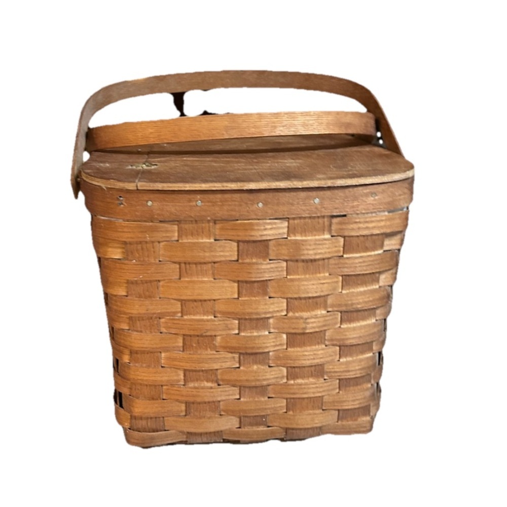 Vintage Picnic Basket Hinged Lid  Red White Gingham Lining Large 10” X 16” - Picture 6 of 9